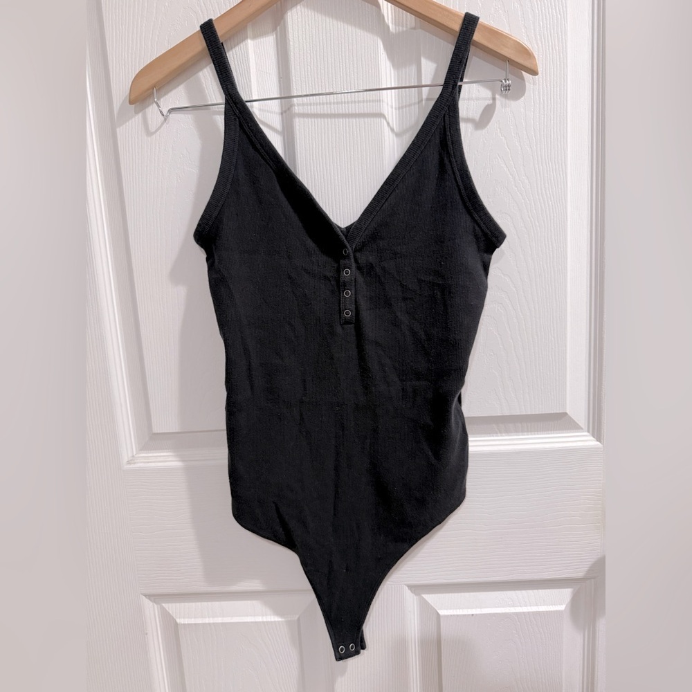 Abercrombie & Fitch Black Cotton Snapfront Bodysuit vamp halloween goth
